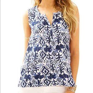 Lilly Pulitzer Larissah Sleeveless Top Size XS Tons Of Fun Print Navy Blue White